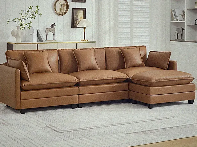 111'' Sectional Cloud Deep Seat Couch, Modern Comfy Leather L Shaped Sectional S