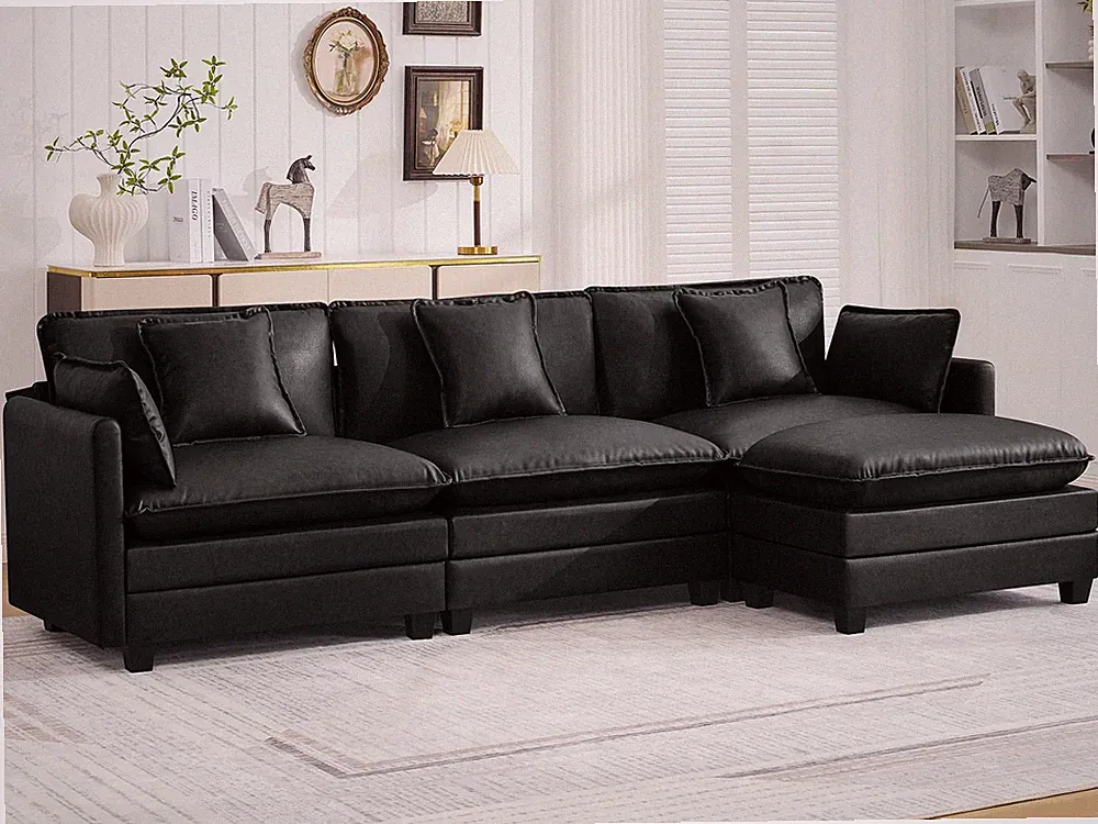 111 Sectional Cloud Deep Seat L Shaped Sofa Modular 4-Seat Ottoman Leather Black