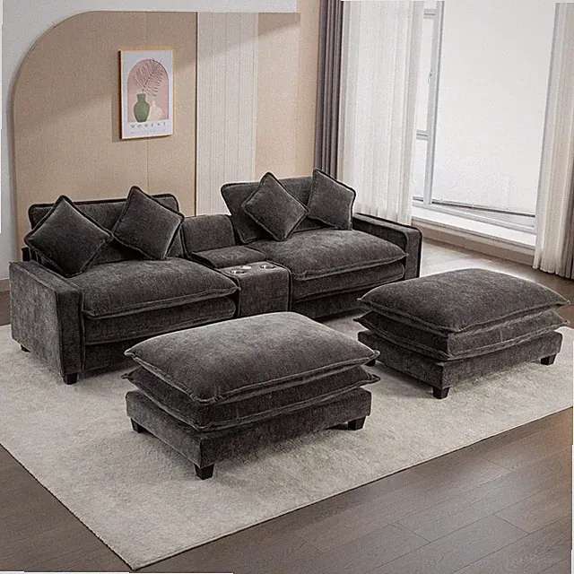 111" Sectional Sofa Chenille Upholstered with Two Ottomans, USB Ports, Grey