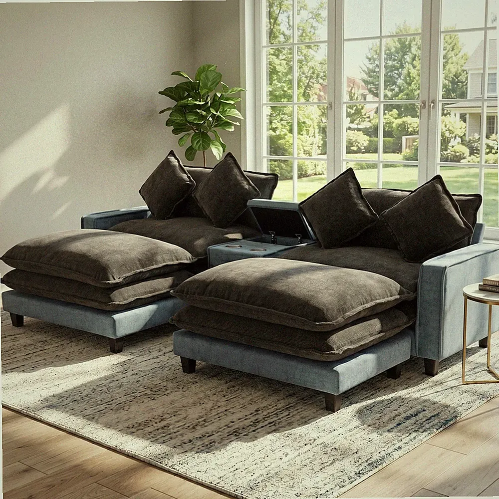 111" Sectional Sofa with Two Ottomans, USB Ports, Storage, Light Blue & Grey