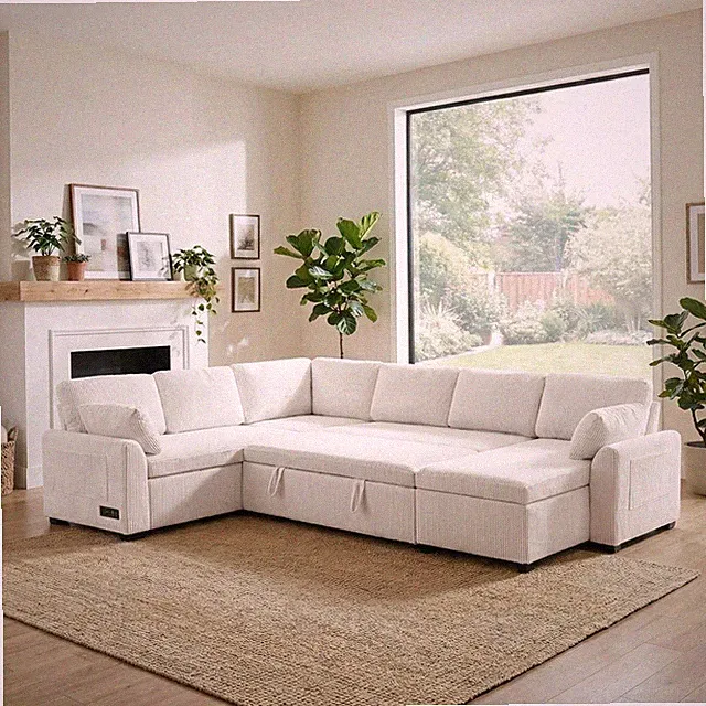 111" U-Shaped Convertible Sofa Bed w/ Storage Pockets & USB Ports