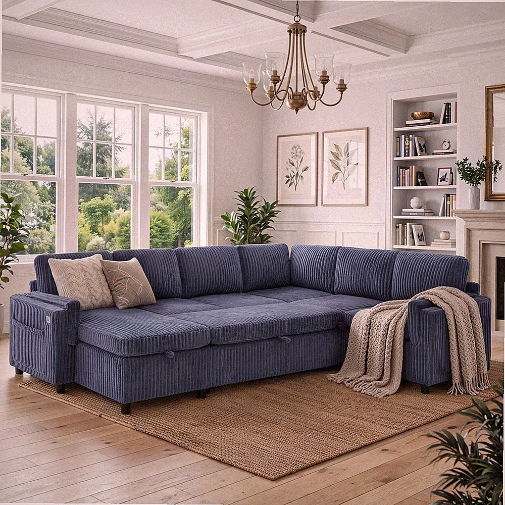 111" U-Shaped Sectional Sofa Bed with USB Ports, Storage, Blue