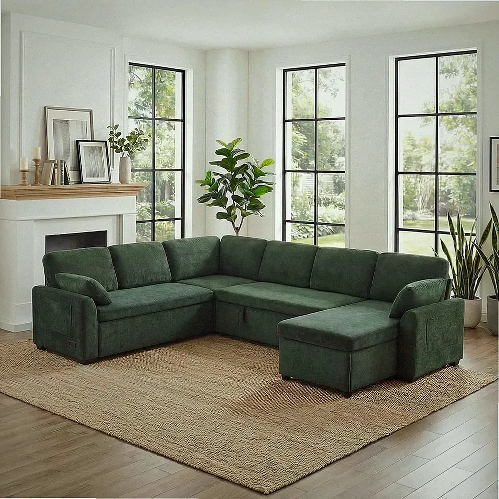 111" U-Shaped Sectional Sofa, Convertible Sofa Bed with Reversible Chaise Lounge