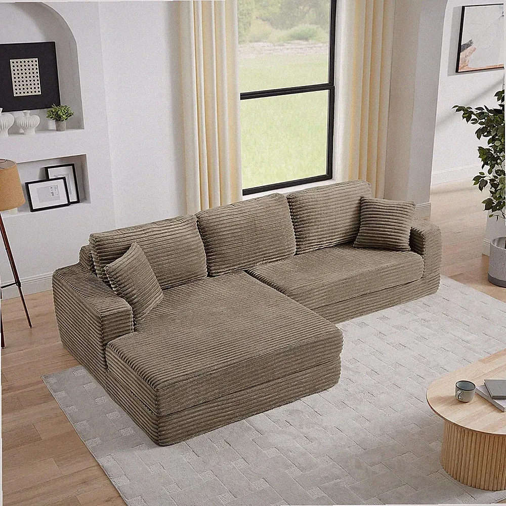 112.6" L Shape Convertible Sectional Sofa Corduroy Boneless with Left Chaise