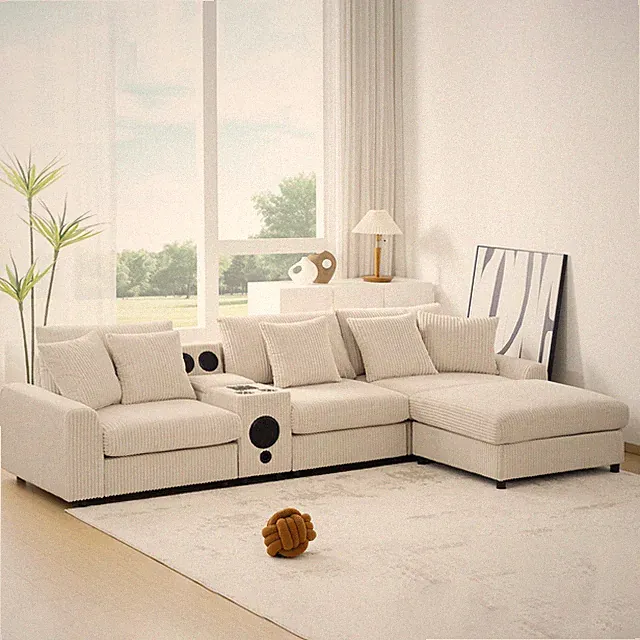 112*64'' Corduroy Sectional Sofa with Bluetooth Speakers,L-Shaped Couch with Con