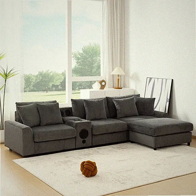 112*64'' Corduroy Sectional Sofa with Bluetooth Speakers,L-Shaped Couch with Con