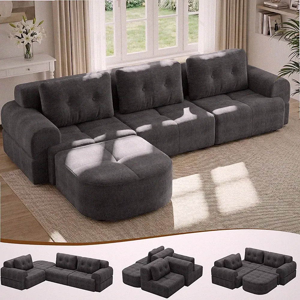 112" Boneless Sofa Couch W/ Chaise L-Shape Sectional Cloud Sofa for Living Room