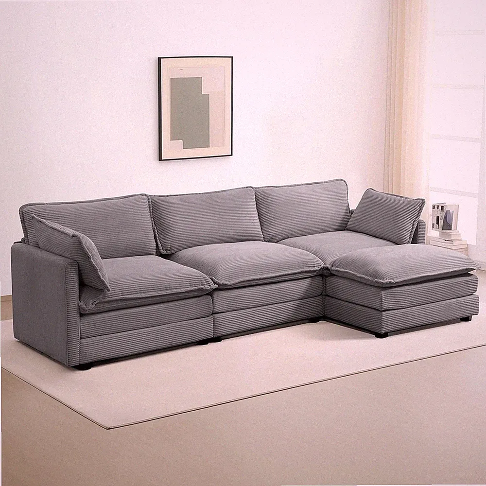 112" Cloud Couch Sectional w/Ottoman 4-Seat Corduroy Sofa L-Shape Dark Grey