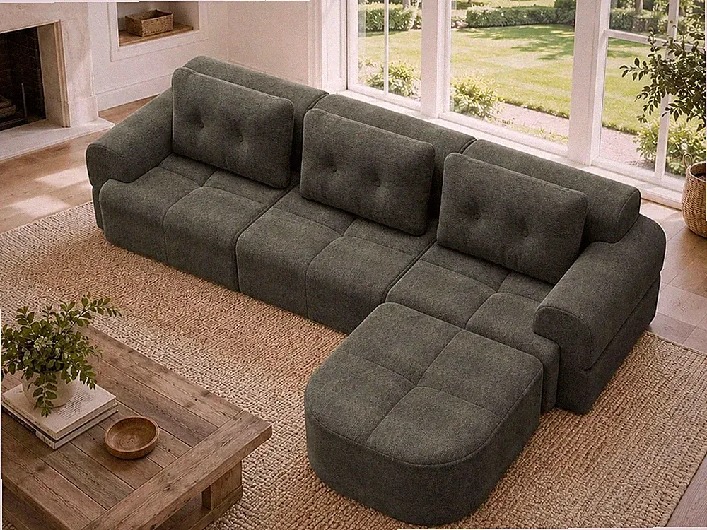 112" Cloud Sofa Couch W/ Chaise L Shape Sectional Sofa Boneless for Living Room
