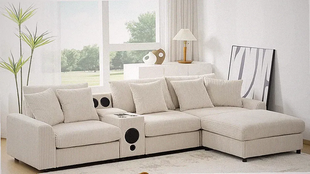 112-Inch L-Shaped Corduroy Sectional Sofa with Bluetooth Speakers Cream