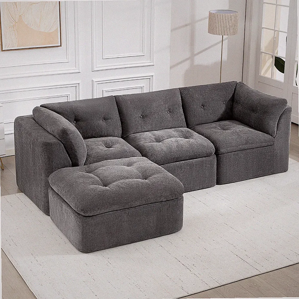 112" L-Shaped Modular Sectional Sofa 4-Seater Chenille Couch with Ottoman, Gray