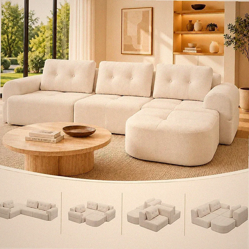 112" L-Shaped Modular Sectional Sofa 4-Seater Cloud Couch W/ Chaise, Beige White