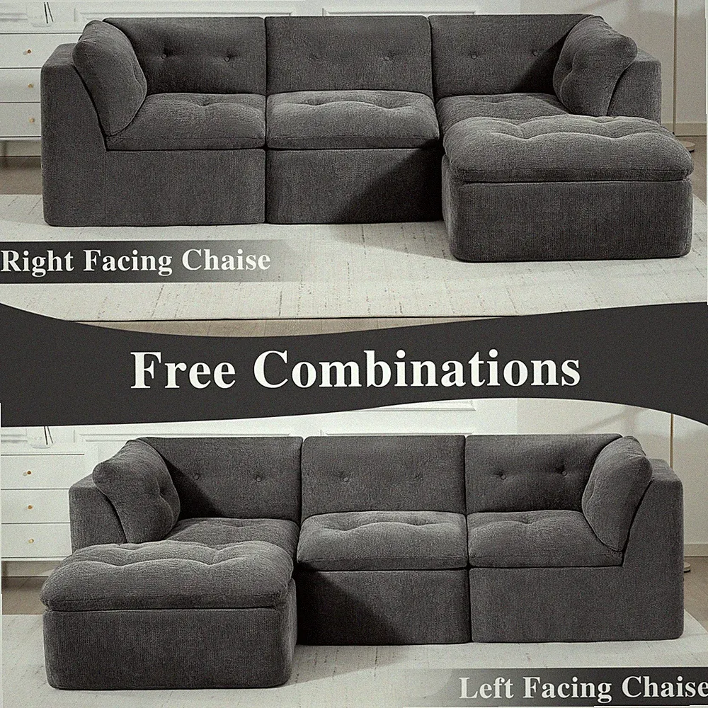 112" L-Shaped Modular Sectional Sofa 4-Seater Cloud Couch with Ottoman, Gray