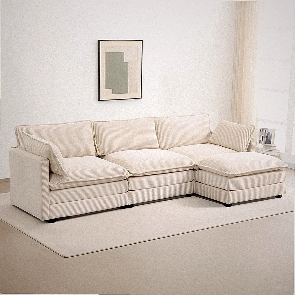 112'' Modular Sectional Cloud Couch 4 Seat Corduroy Sofa Deep Seat L Shaped