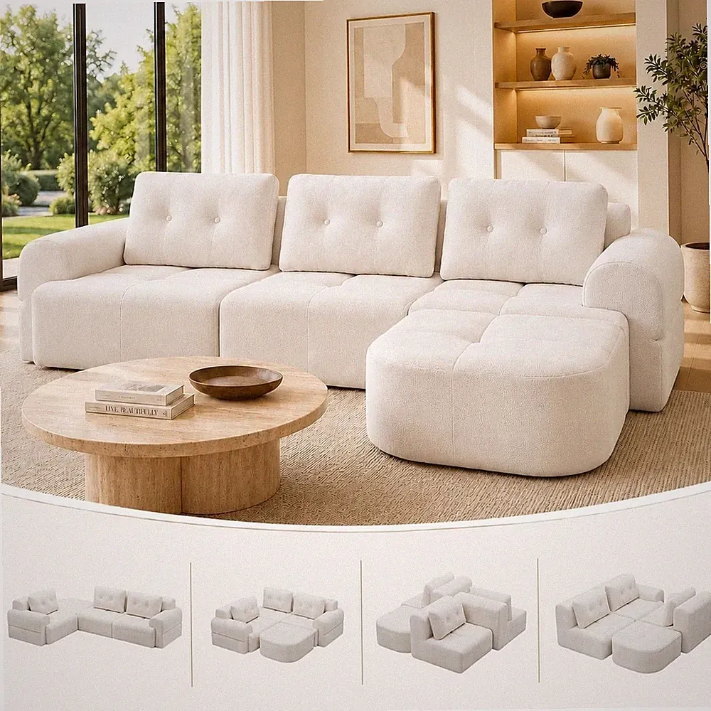 112" Modular Sectional Sofa Couch with Chaise, L-Shaped Cloud Couch, Beige White