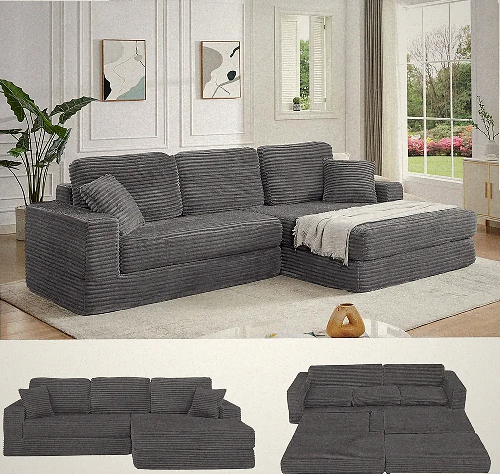 112" Oversized Corduroy Convertible L-Shaped Sectional Sofa Bed with Chaise