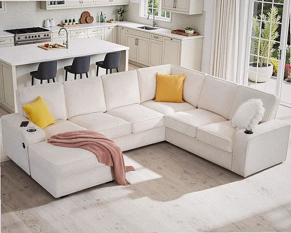 112 U Shape Sectional Sofa Storage Chaise Cup Holders USB C Ports Corduroy Beige