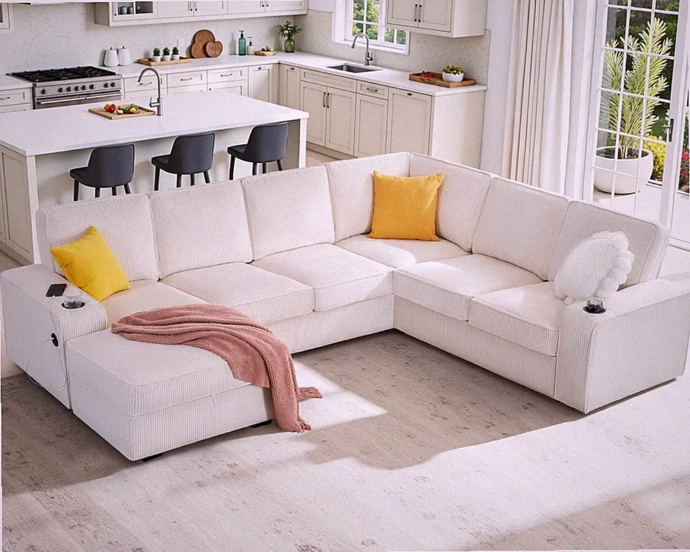 112 U Shape Sectional Sofa Storage Chaise Cup Holders USB C Ports Corduroy Beige