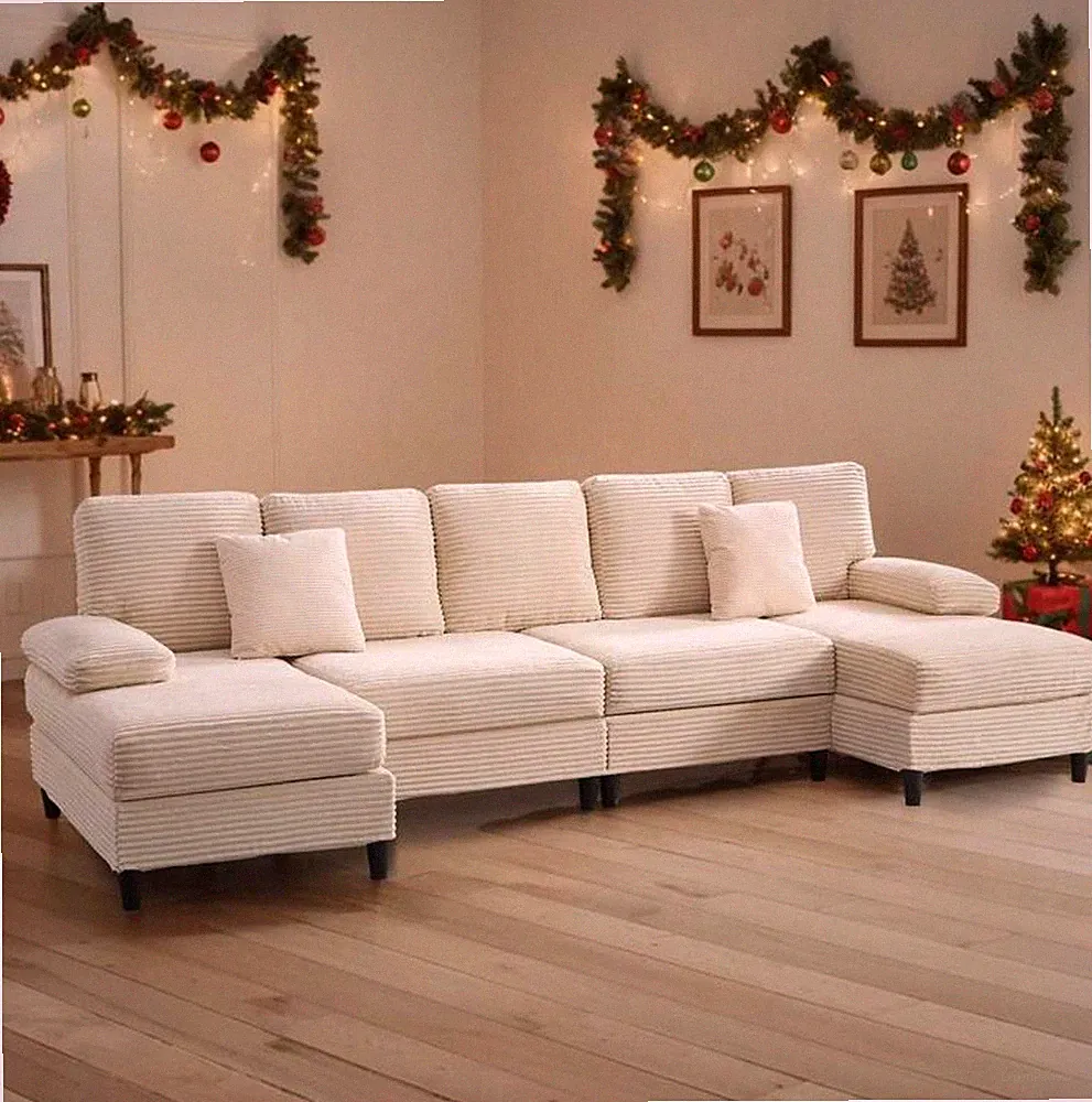 112" U-Shaped Sectional Sofa Couch Beige Corduroy Modular Deep Seat