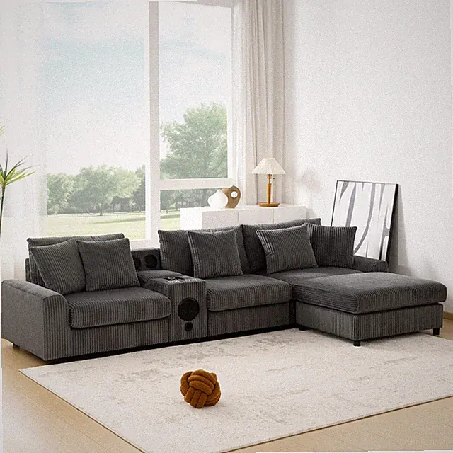112''x64'' Corduroy Sectional Sofa w/ Bluetooth Speakers, USB Charger & Ottoman