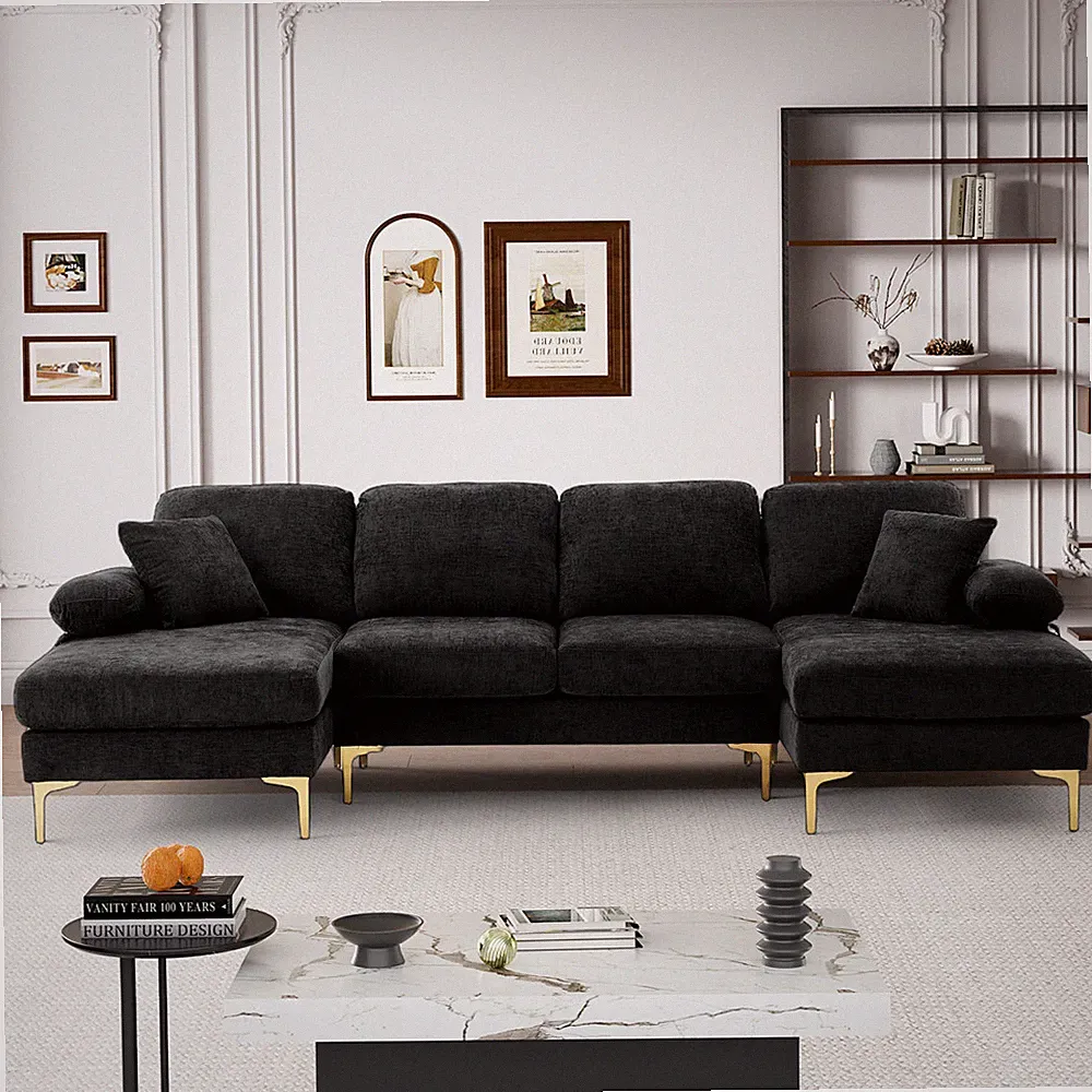 112in Modern Comfy U-Shaped Sectional Sofa Chenille Fabric 4 Seater Sleeper Sofa