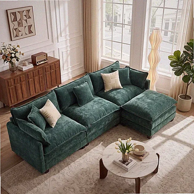 113.78" Chenille L Shaped Modular Sofa with Ottoman,Green