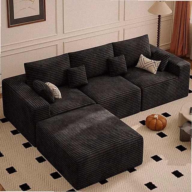 113" Black Corduroy Modular L-Shaped Sofa Set with Ottoman - No Assembly Needed
