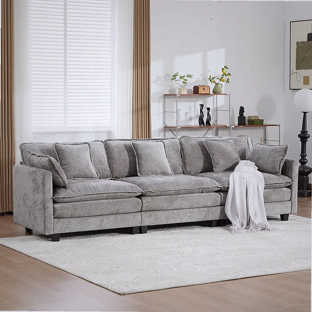 113" Cloud Modular 3-Seat Sofa Sectional, Soft Chenille, Cushion Back, Gray