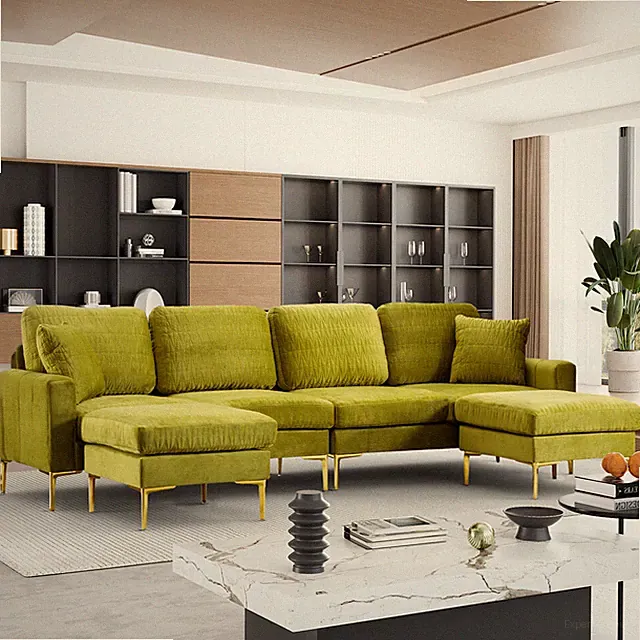 113 in Modern Convertible U-Shaped Sectional Sofa Velvet Fabric Couch W/ Ottoman
