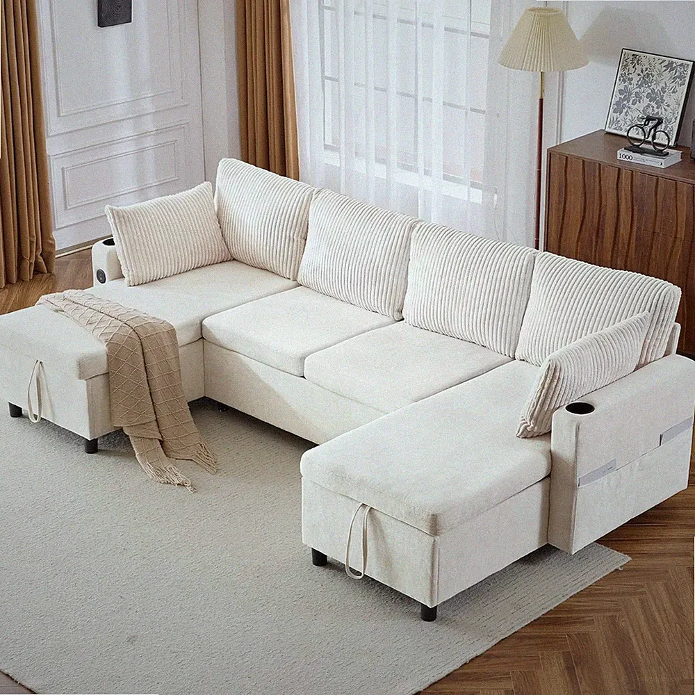 113-Inch U-Shaped Pull Out Sleeper Couch Bed, Modern U Shaped Symmetrical Sleepe