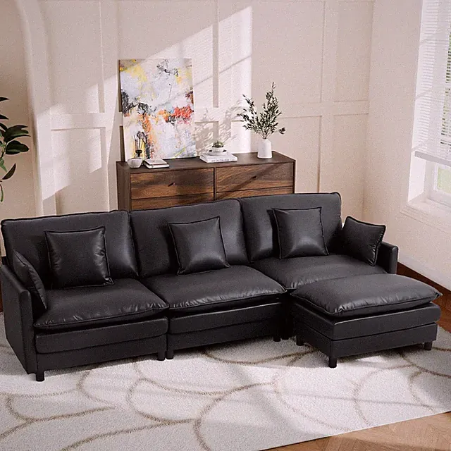 113'' L-Shaped Cloud Couch, 4-Seater Modular Sofa with Ottoman & Pillows, Black