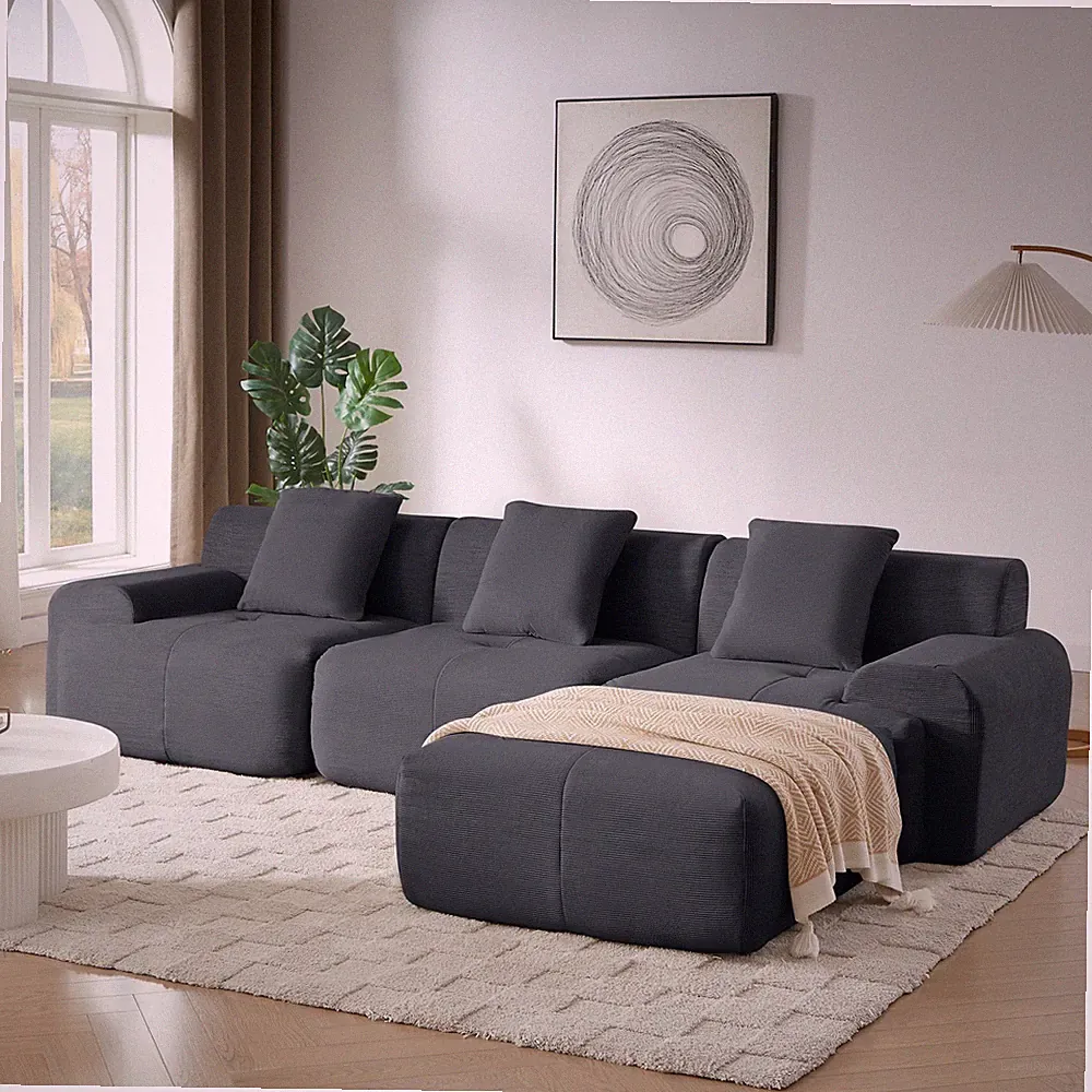 113" L-Shaped Modular Sectional, Dark Gray Corduroy, 3-Seater with Deep Seat