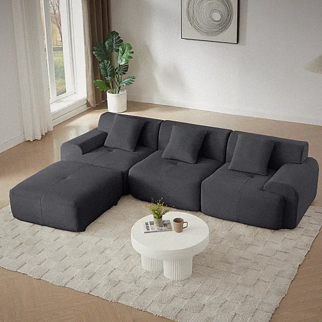 113" L-Shaped Modular Sectional, Dark Gray Corduroy, 3-Seater with Deep Seat
