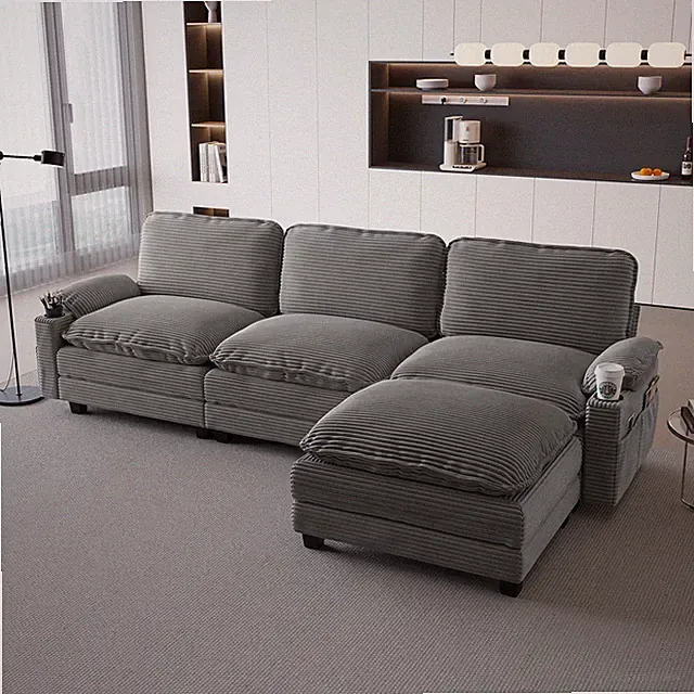 113" Modern 3+1 L-Shaped Corduroy Fabric Sofa,Modular Sectional Cloud Couch W/
