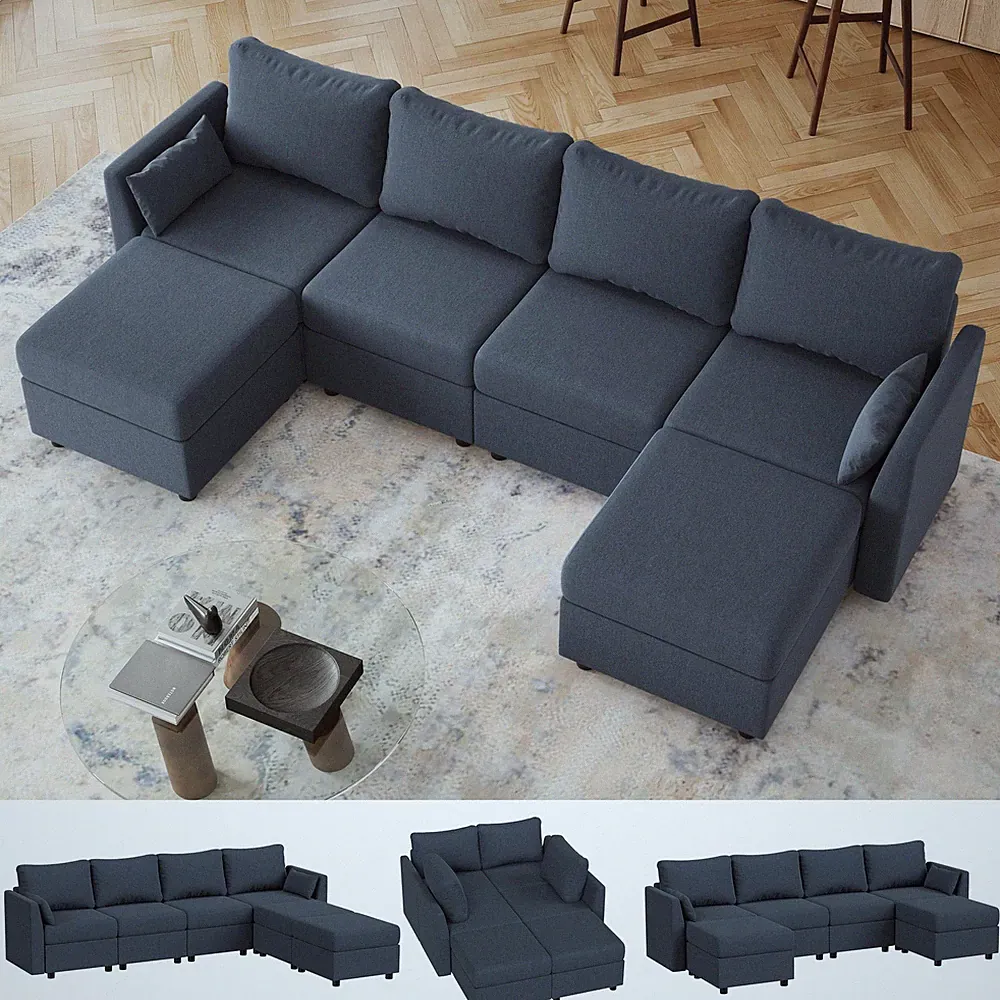 113" Modular Sectional Sofa 6 for Seat Storage Memory Foam U Shaped Chaise Dark