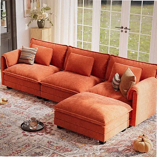 113" Orange Chenille Oversized Modular Cloud Couch with Ottoman & Pillows