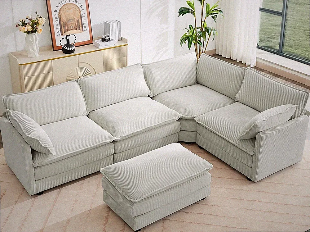 113'' Sectional Couch 5 Seater L Shape Corduroy Ottoman Pillows Light Grey