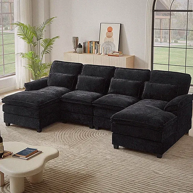 113" U-Shaped Cloud Couch, 4-Seat Black Chenille Sofa with Chaises