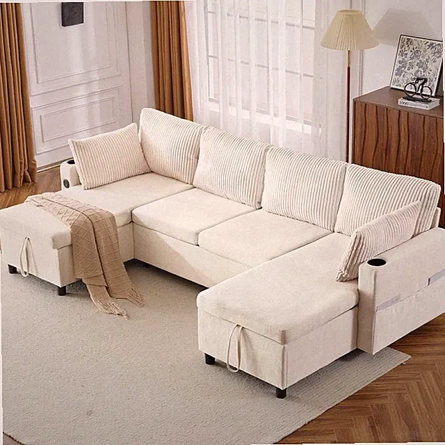 113" U-Shaped Sleeper Sofa Bed with Storage & USB-C Ports for Living Room