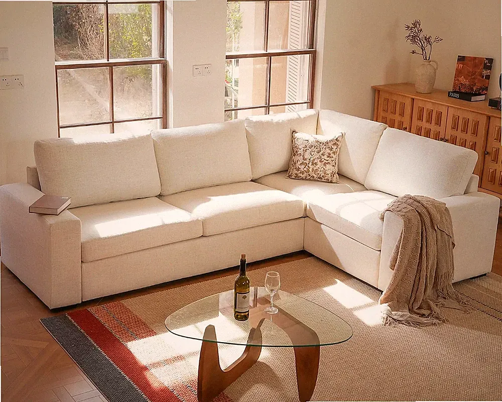 113" V-Shaped Modular Sectional Sofa Couch, Modern 4-Seat Comfy Linen Deep Seat
