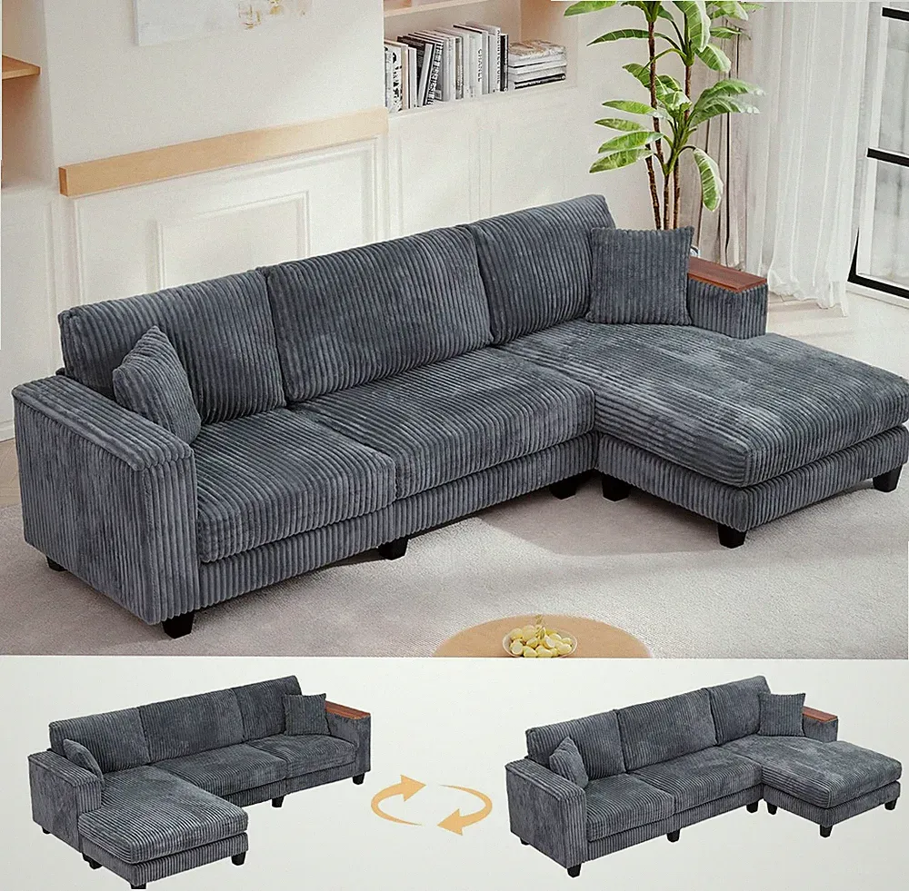 114.5" Corduroy Sectional Sofa with Armrest Storage & Reversible Chaise, Comfy L