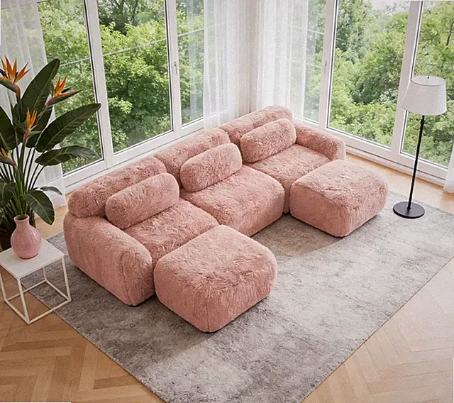 114.7" Pink Modular U-Shape Boneless Sofa, No Assembly, Modern Design