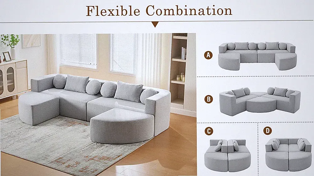 114.9-Inch Modular Sectional Boneless Sofa with Curved End Modules Grey