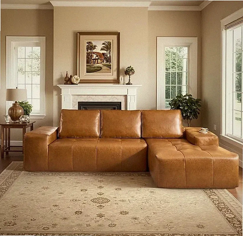 114" Brown Faux Leather Cloud Sectional Sofa with Right Chaise Lounge