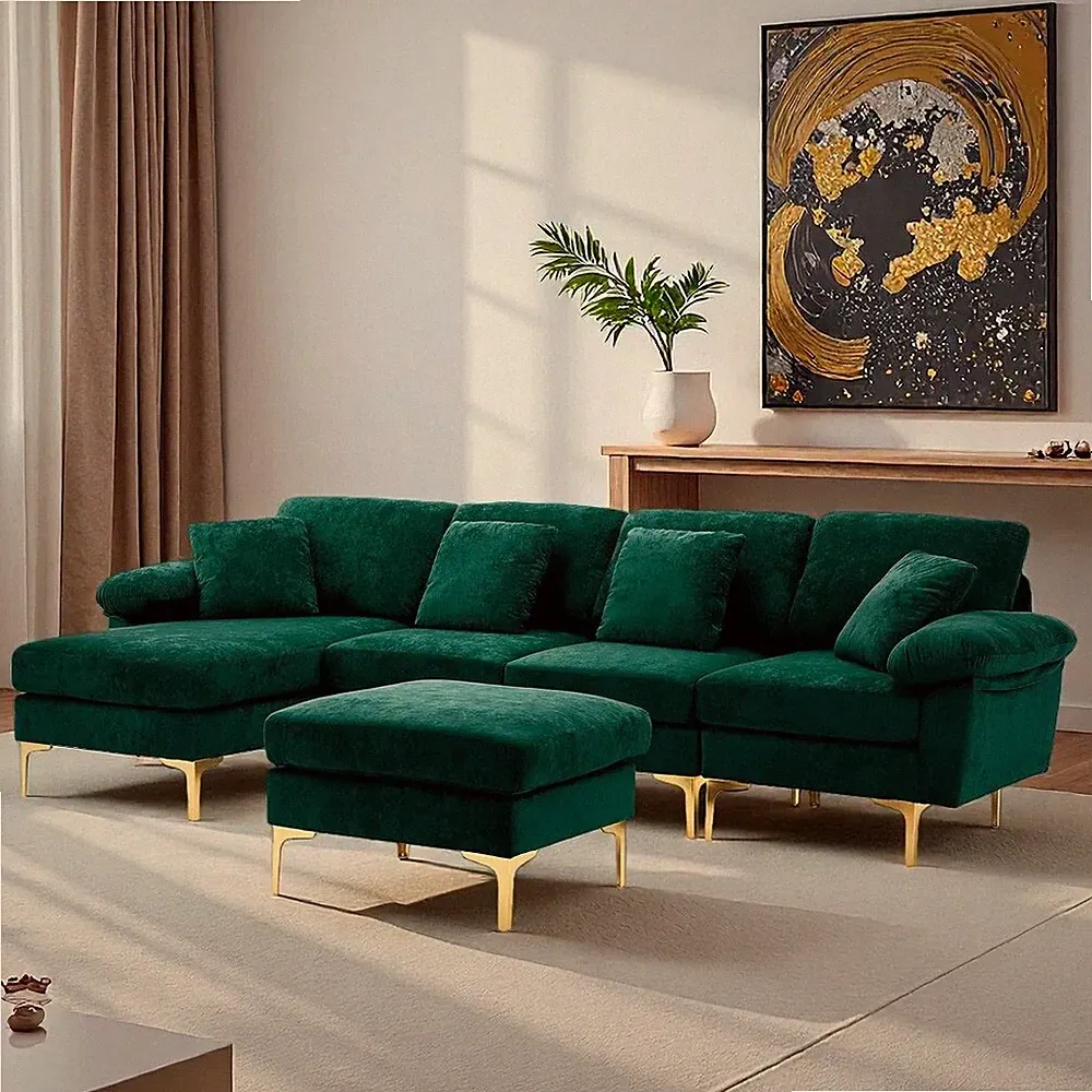 114" Convertible U-Shaped Sectional Velvet Sofa Set 4 Seat Couch w/Chaise Lounge