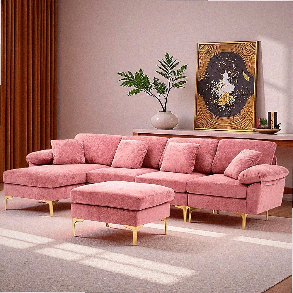 114" Convertible U-Shaped Sectional Velvet Sofa Set 4 Seat Couch w/Chaise Lounge