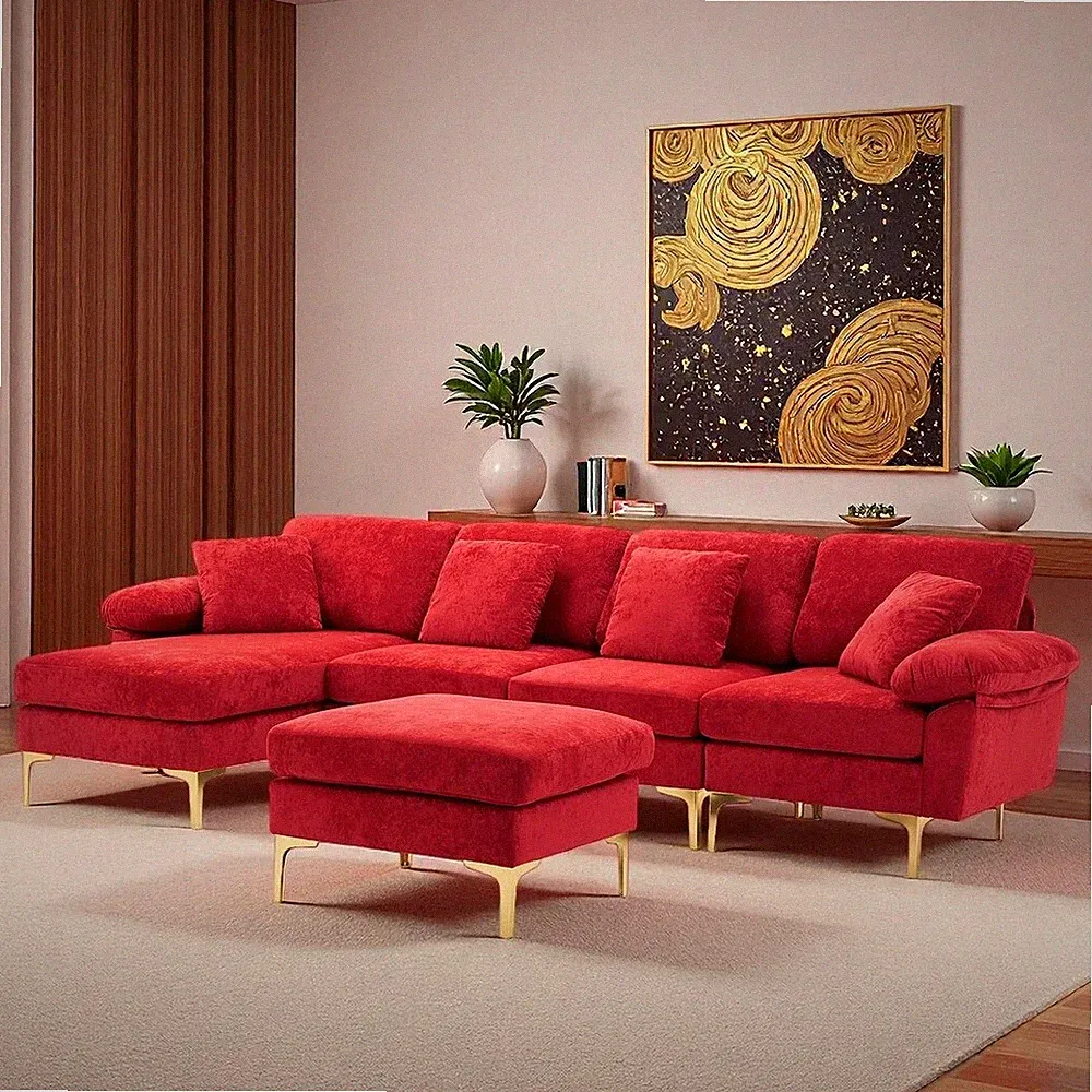 114" Convertible U-Shaped Sectional Velvet Sofa Set 4 Seat Couch w/Chaise Lounge