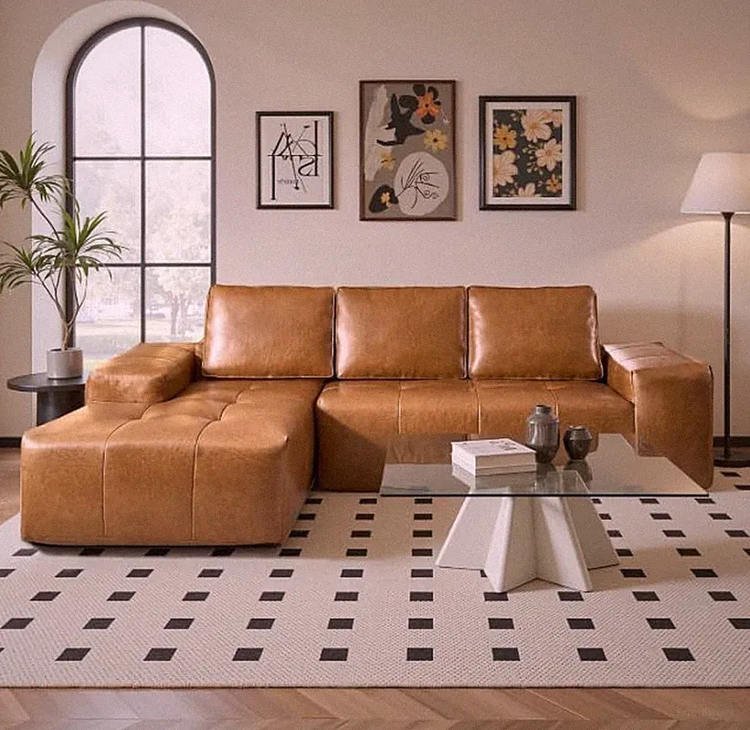 114 Inch Boneless Sofa, 3 Seat Faux Leather Cloud Sectional Couch, Deep Seat L S