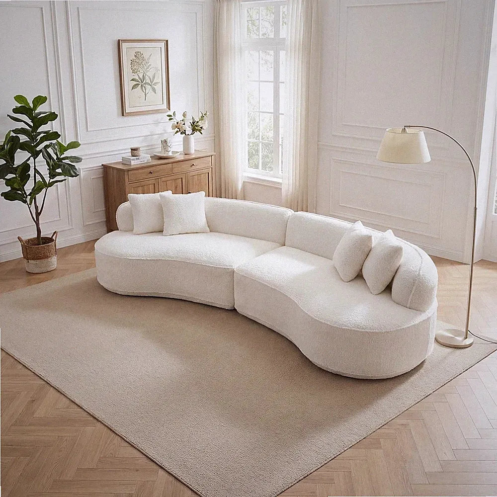 114-Inch Curved Boneless Modular Sofa Compressed 4-Seat Cloud Couch with 4 Pillo