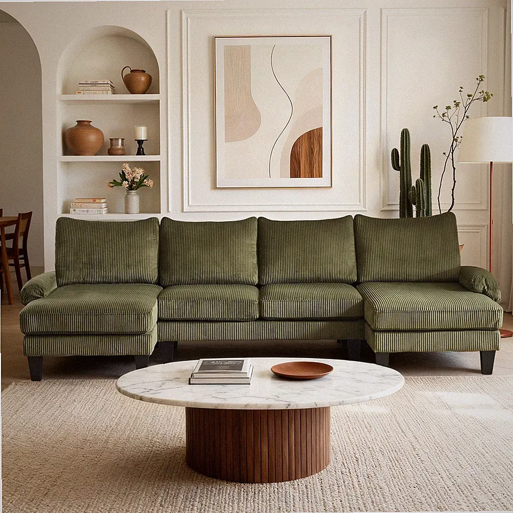 114-inch large corduroy multi-seater sofa, comfortable sectional sofa with recli